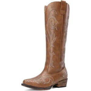 Women Faux Leather Brown Outdoor Cowboy Knee High Western Side Zipper Boots